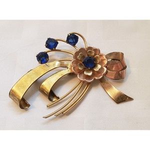 Vtg IH Signed Faux Sapphire 1/20 12K G.F. Flower Brooch